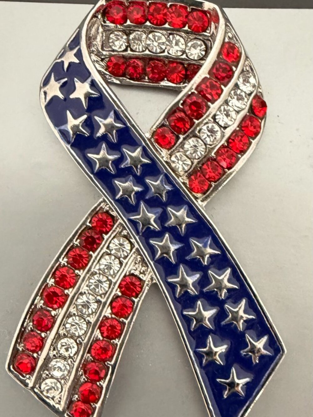 Metal Gallery Stars and Stripes Patriotic Ribbon Rhinestone Brooch Pin